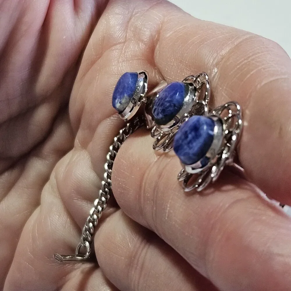 Vintage Dante Silver Tone Blue Semiprecious Cufflinks And Tie Pin Set